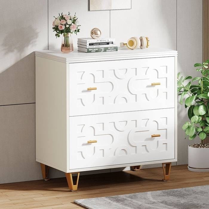 Retro White/Gold Geometric Scroll 2 Drawer Filing Cabinet Printer Stand — 10797678330195