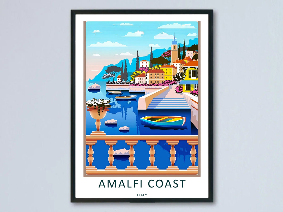 Amalfi Coast Italy Retro Travel Poster – Mediterranean Coastal Town Wall Art-0