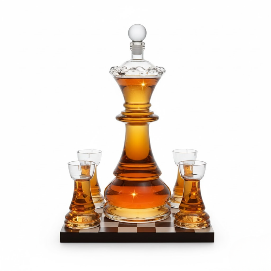 Queen Chess Decanter Set with 4 Rook Shot Glasses