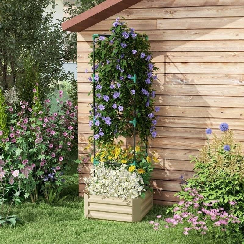 Beige Galvanized Open Bottom Raised Garden Bed Planter with Tomato Cage Trellis-0