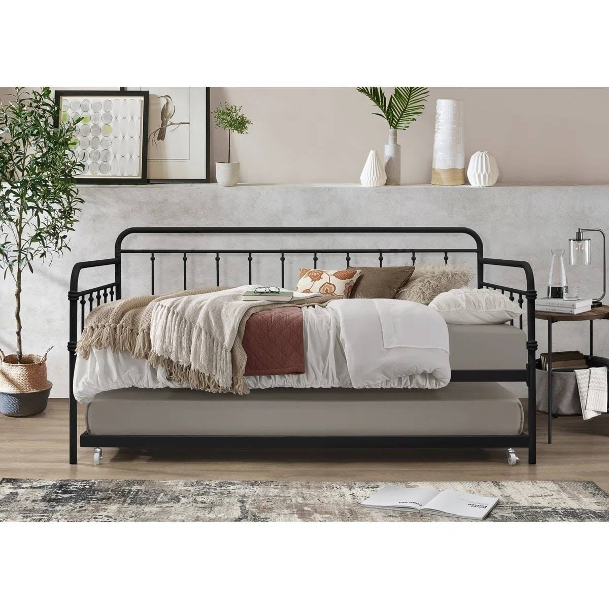 Twin size Black Rounded Iron Daybed with Roll Out Trundle Bed Frame-0