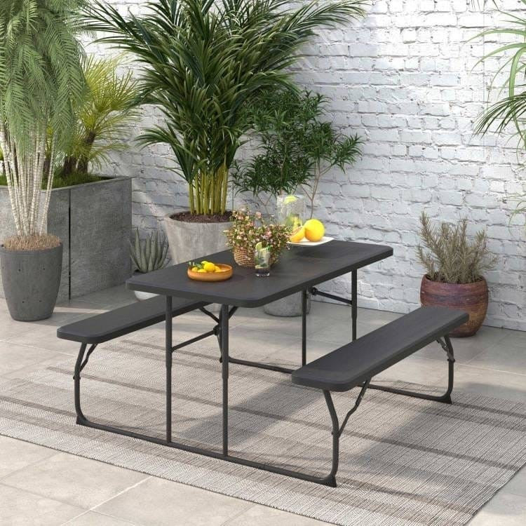 Folding Picnic Table with 2 Benches Outdoor Patio Dining Set in Black-0