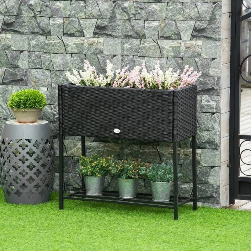 Black Modern PE Rattan Wicker Raised Garden Bed Elevated Planter Box-0