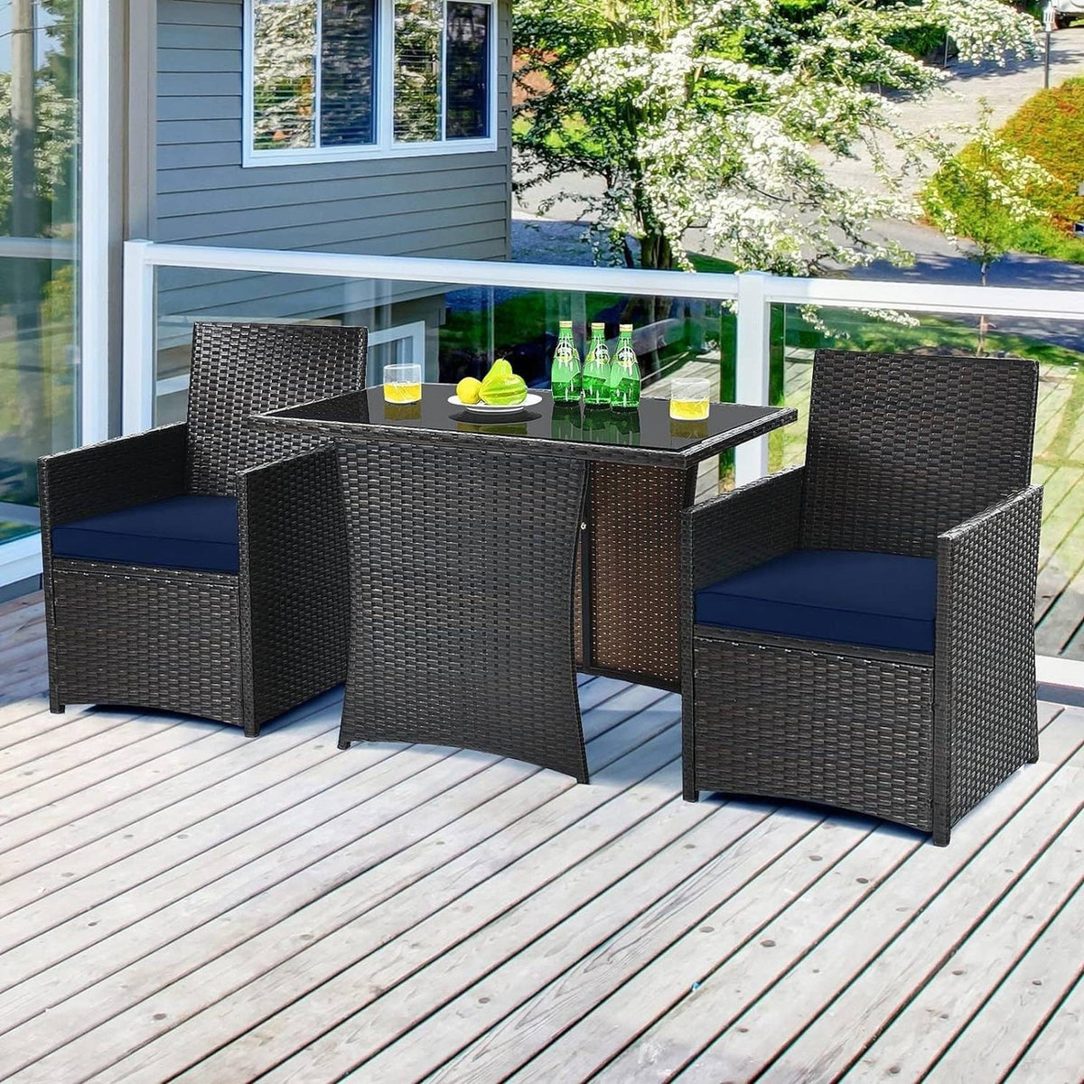 3-Piece Patio Furniture Outdoor Dining Set Brown PE Rattan Navy Blue Cushions-0