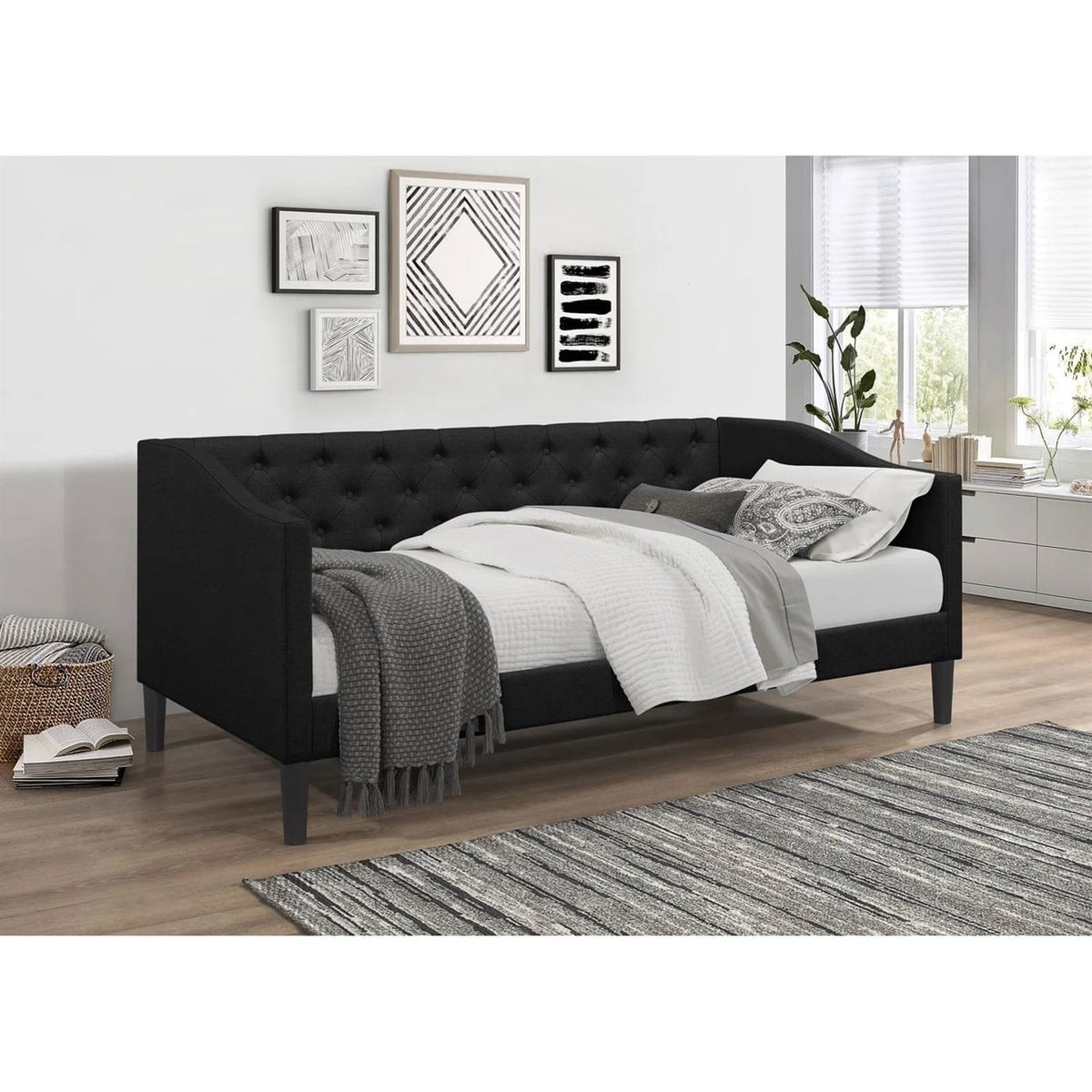 Twin size Modern Black Fabric Upholstered Button-Tufted Daybed-0