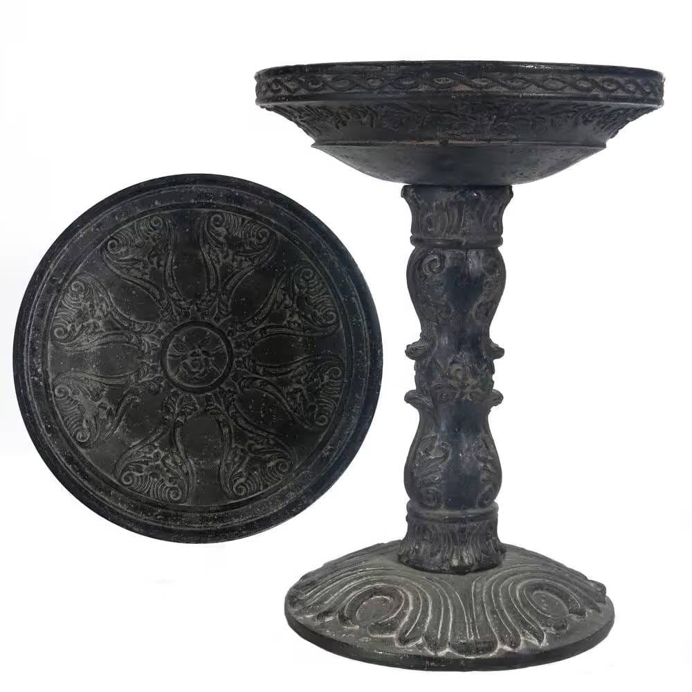 Outdoor Garden Fiberglass Bird Bath in Black Charcoal Stone Finish — 10801180213587