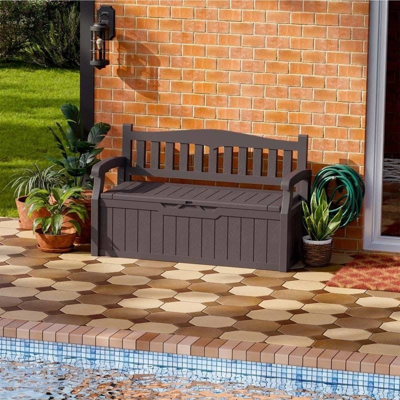 Heavy Duty Brown Plastic Outdoor Storage Garden Bench Patio Deck Box-0