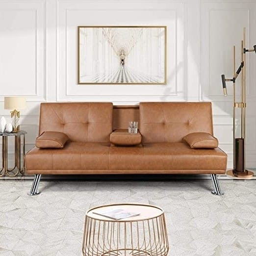 Brown Modern Faux Leather Cup Holders Convertible Sofa Bed Futon Sleeper-0