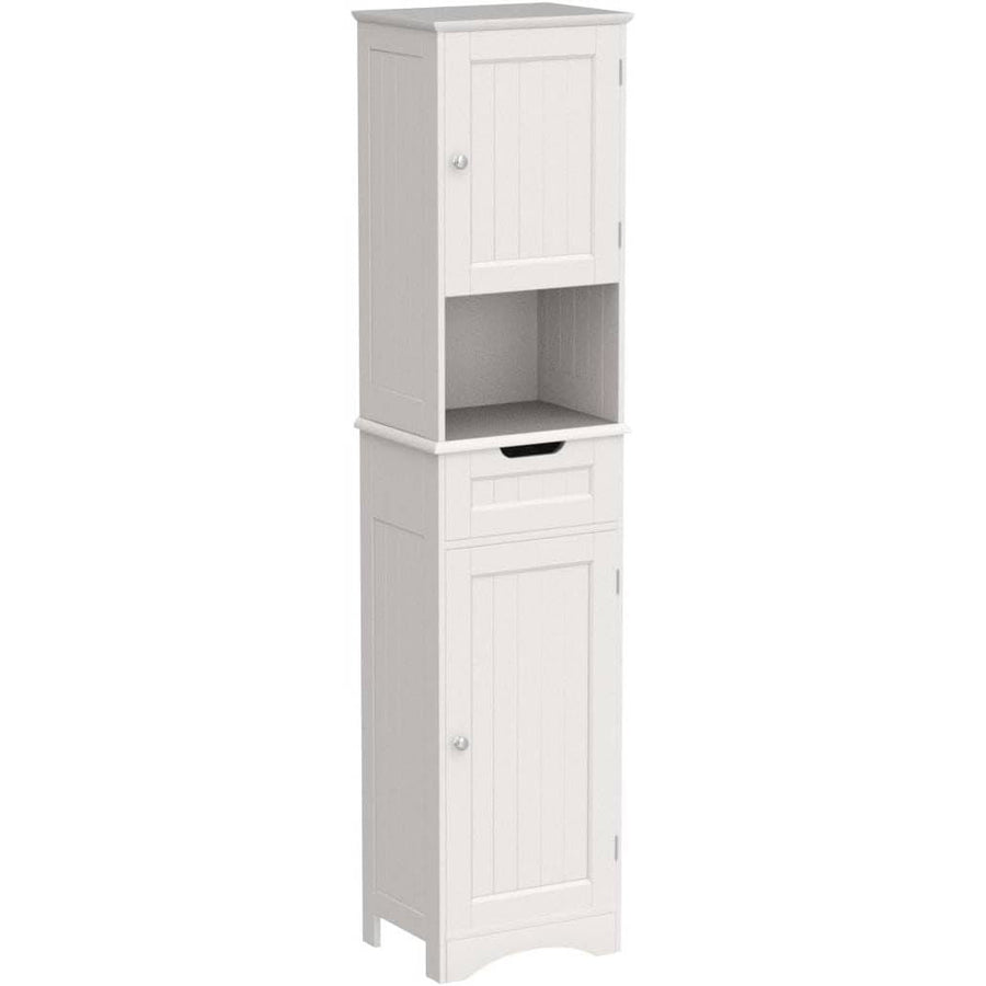 White Bathroom Linen Cabinet Tower with 2 Doors Storage Drawer and Shelf