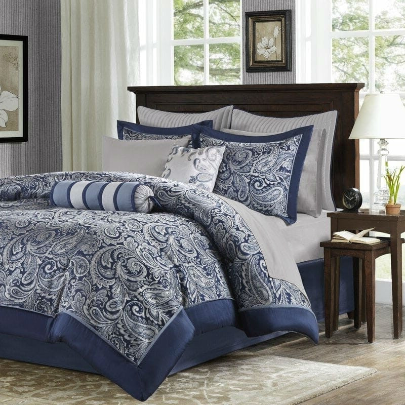 California King 12-piece Reversible Microfiber Comforter Set Navy Blue White-0