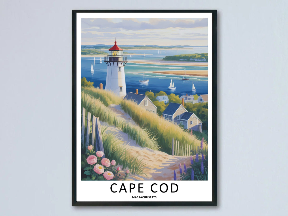 Cape Cod Massachusetts Travel Poster: Maritime Lighthouse Canvas Wall Art-0