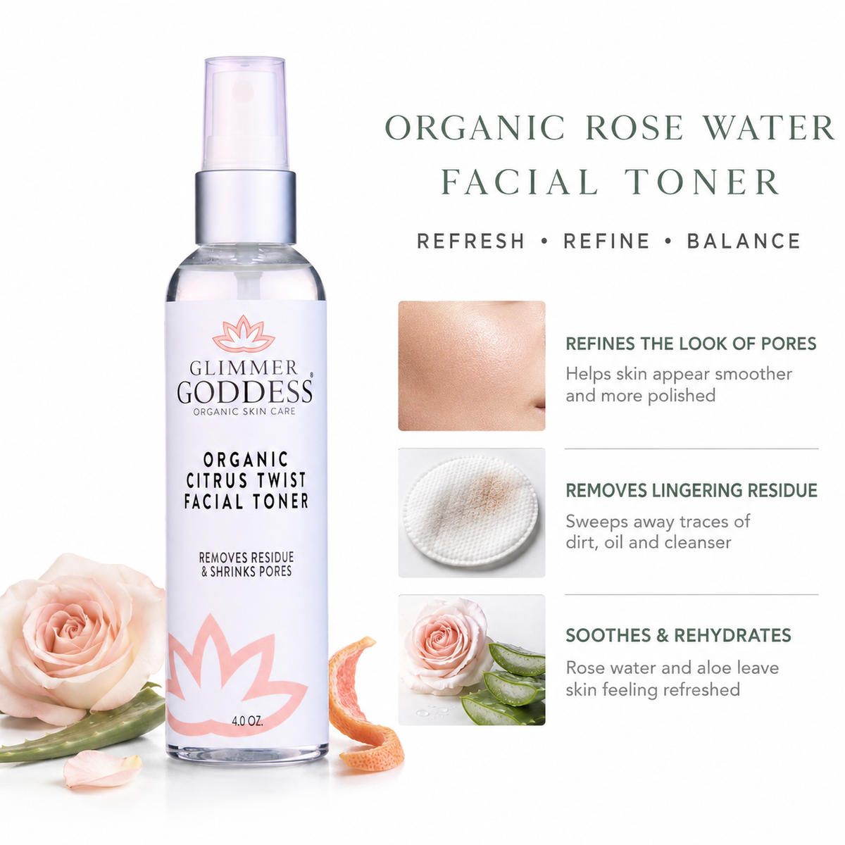 Organic Rose Water Facial Toner – Citrus Twist Toner with Witch Hazel & Aloe for Pore Tightening-0