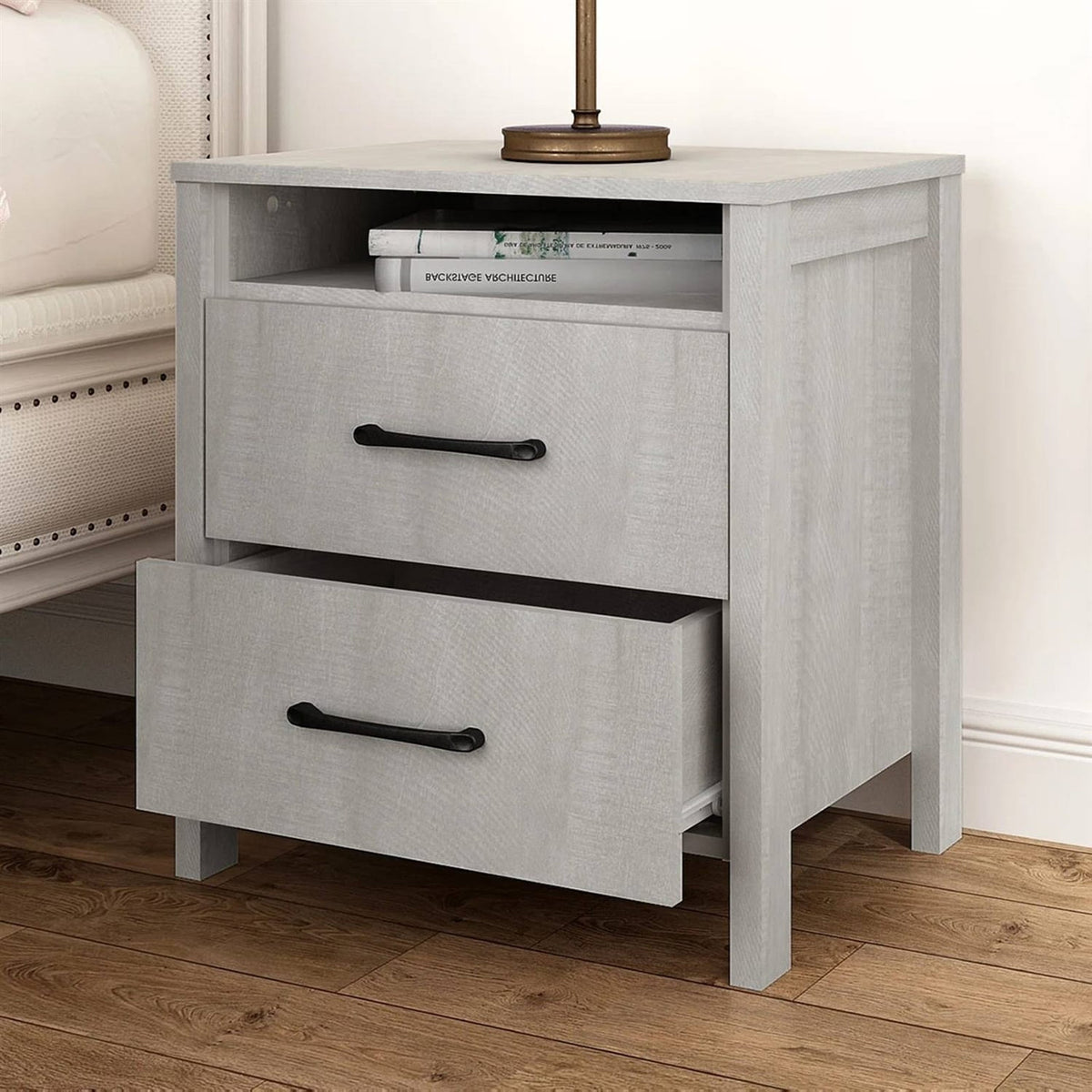 Modern Farmhouse Bedroom 2-Drawer Bedside Table Nightstand in Grey Wood Finish-0