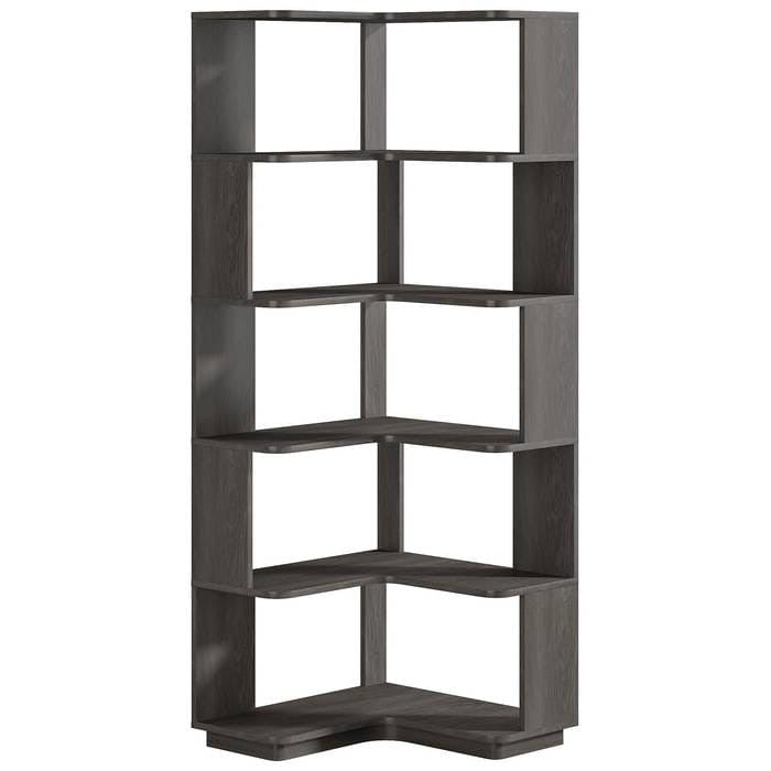 Multifunctional 6 Shelf Corner L-Shaped Bookcase in Dark Grey Wood Finish-0
