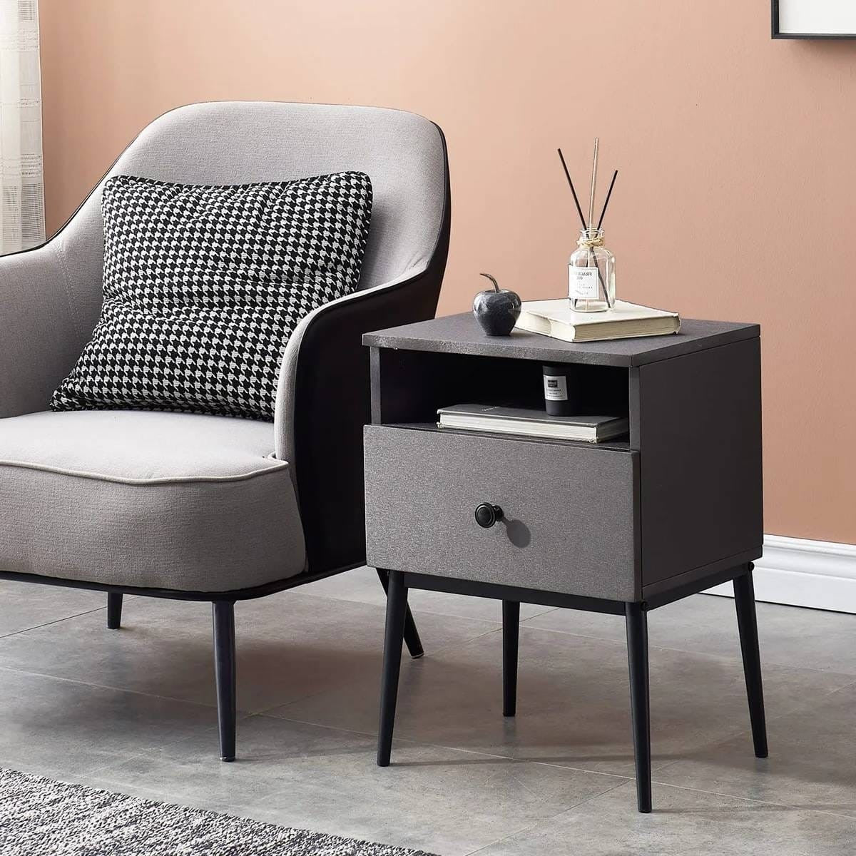 Mid Century Modern End Table Nightstand in Grey Black Wood Finish-0