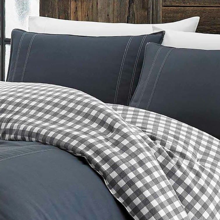 Full/Queen size 100% Cotton Reverse Plaid Gray/White Comforter Set-0