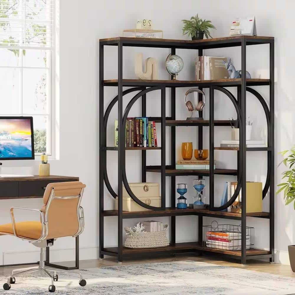 67-inch Tall Modern Industrial Metal Wood Corner Bookcase-0