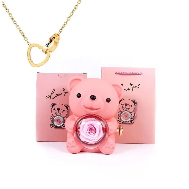 Eternal Rose Teddy Bear Box With Necklace (Pink Gold) — 10813592109395
