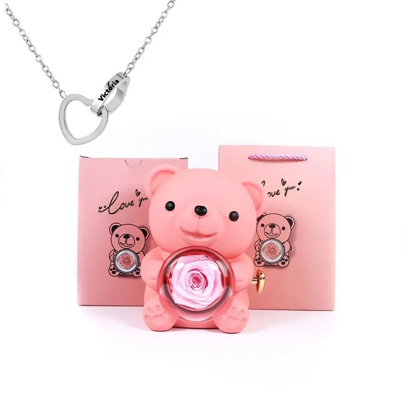 Eternal Rose Teddy Bear Box With Necklace (Pink Silver) — 10813599154515