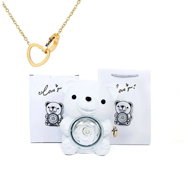Eternal Rose Teddy Bear Box With Necklace (White Gold) — 10813575135571