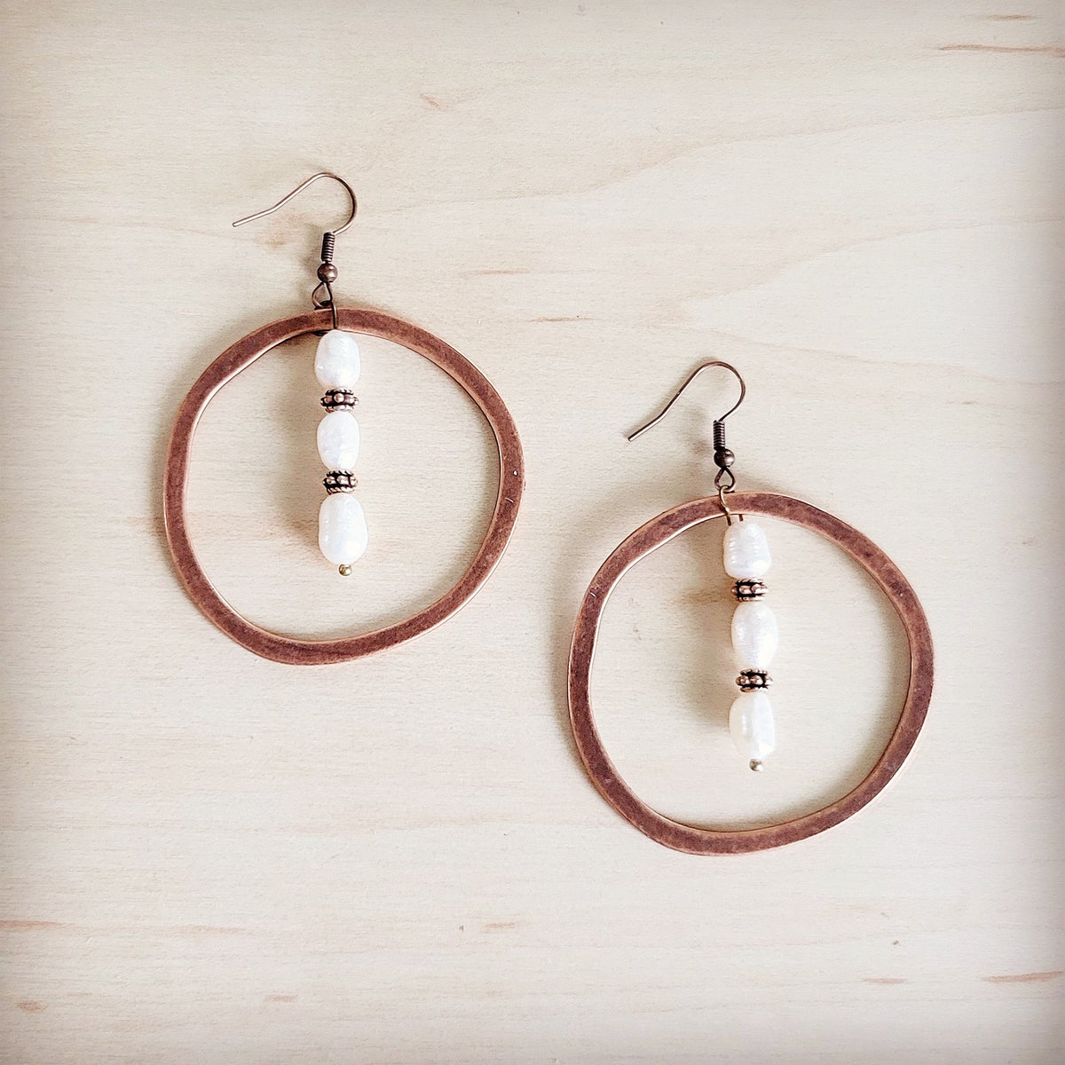 Western Copper Hoop Earrings w/ Genuine Freshwater Pearls 200bq-0