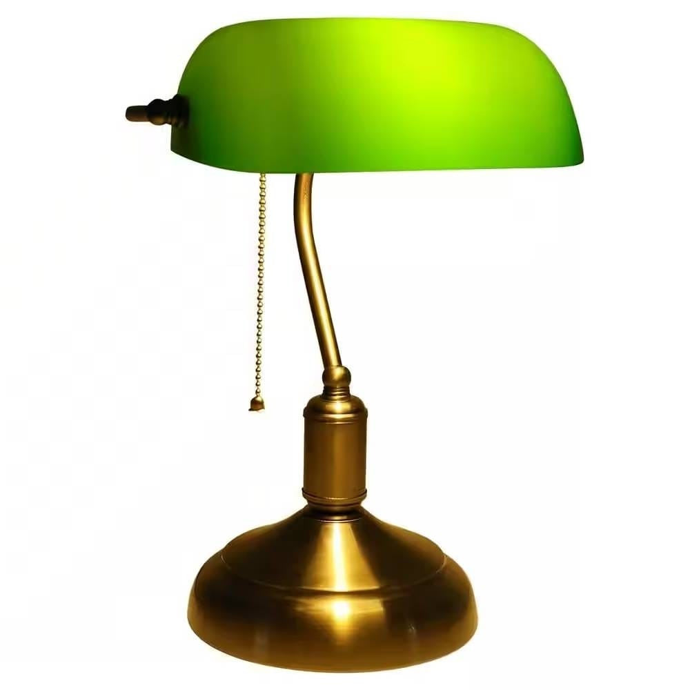 Antique Brass Bankers Lamp Desk Light Table Lamp with Green Glass Shade-0