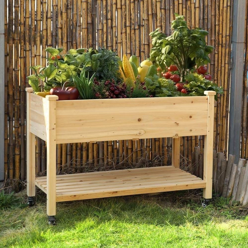 Outdoor Wood Raised Garden Bed Planter Box Cart on Wheels 46-inch x 22-inch-0
