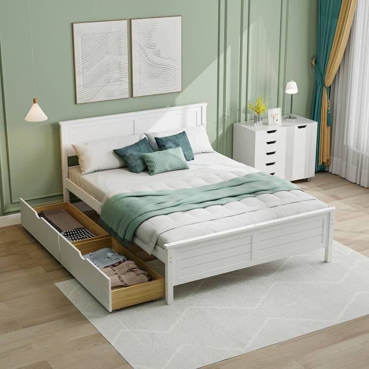 Full Size White Platform Bed Frame with 2 Storage Drawers-0