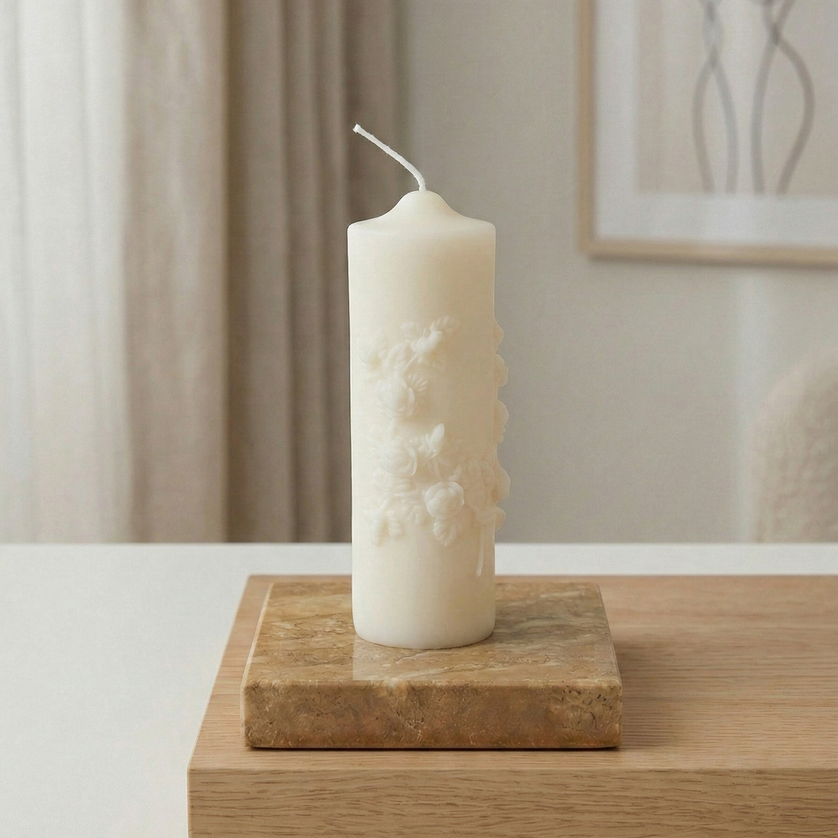 Floral Pillar Candle — Sculptural Soy Wax, Botanical Design, Handmade in USA-0