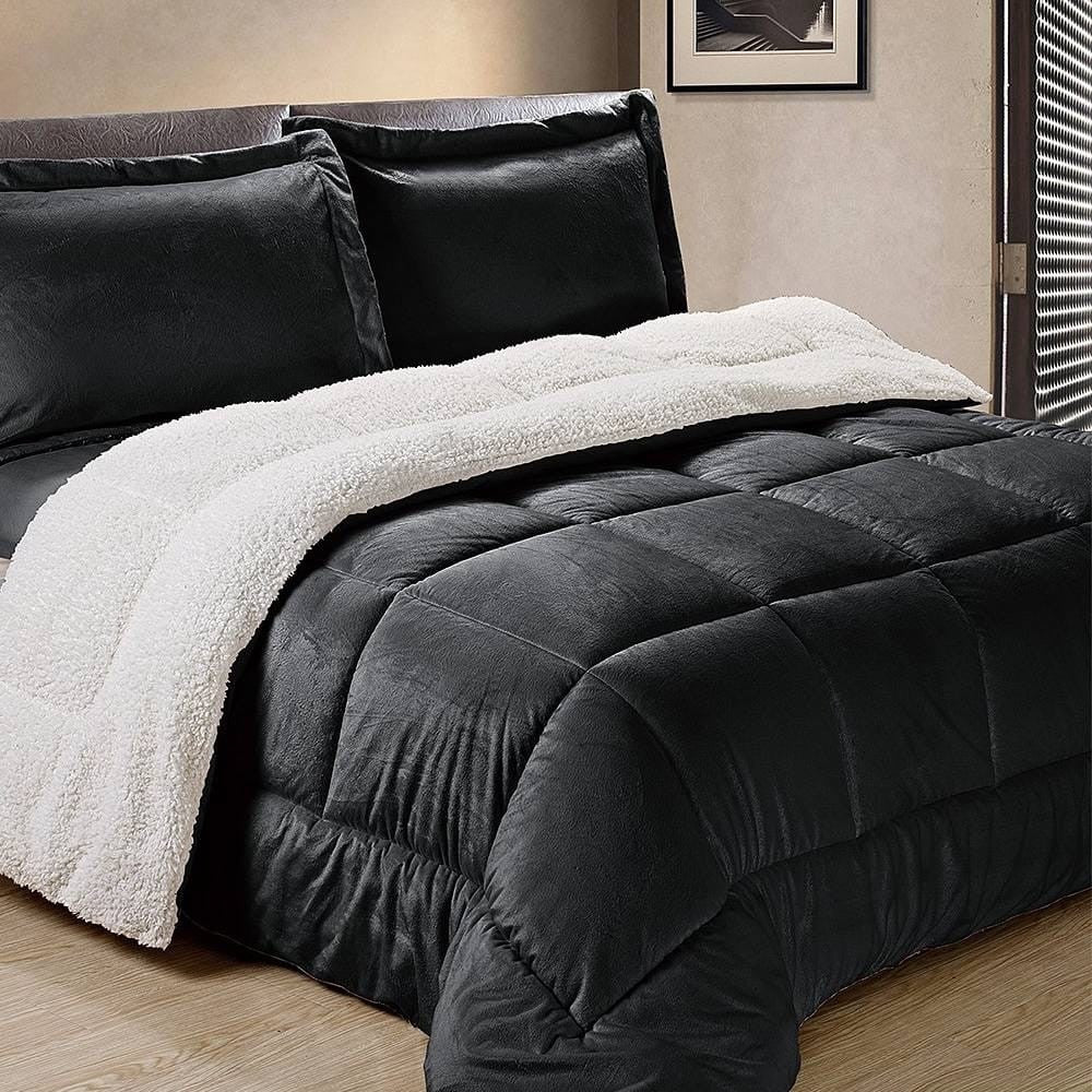 Full Size 3 Piece Ultra Soft Sherpa Wrinkle Resistant Comforter Set in Black-0