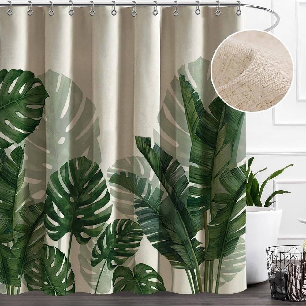 72"W x 72"H Tropical Green Leaves Linen Polyester Blend Shower Curtain-0