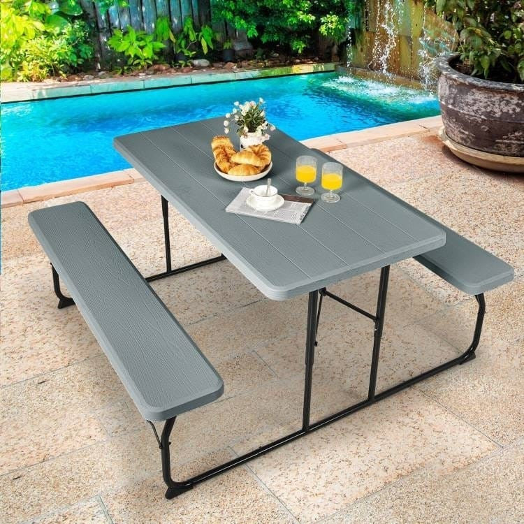 Grey Folding Picnic Table with 2 Benches Outdoor Patio Dining Set-0
