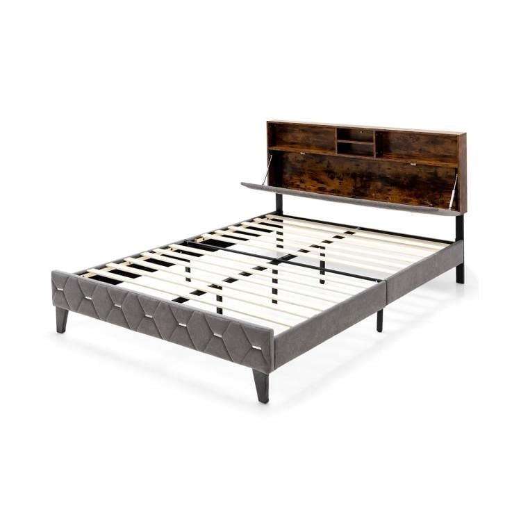 Full Size Velvet Upholstered Open/Close Storage Headboard Platform Bed-0