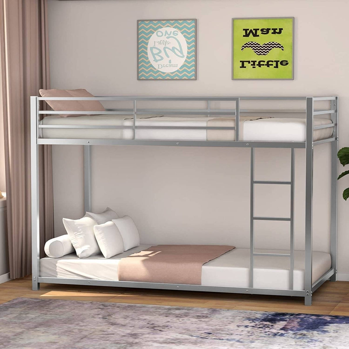 Twin over Twin Low Profile Modern Bunk Bed in Silver Metal Finish-0