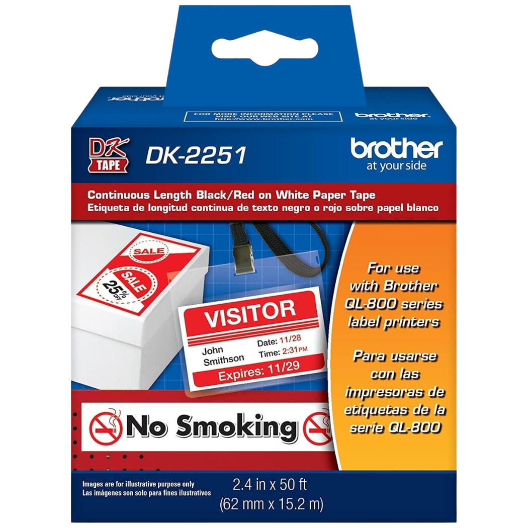 Genuine Brother DK-2251 Replacement Labels, Black/Red Label on White Paper Tape-0