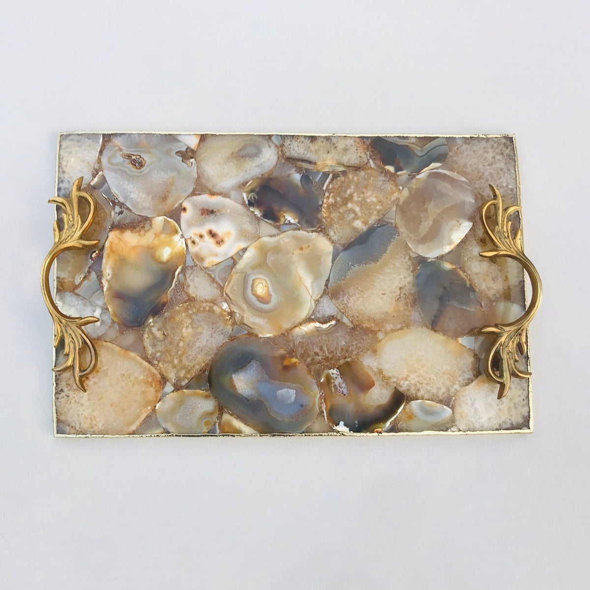 Golden Brown Agate Serving Tray With Brass Handles