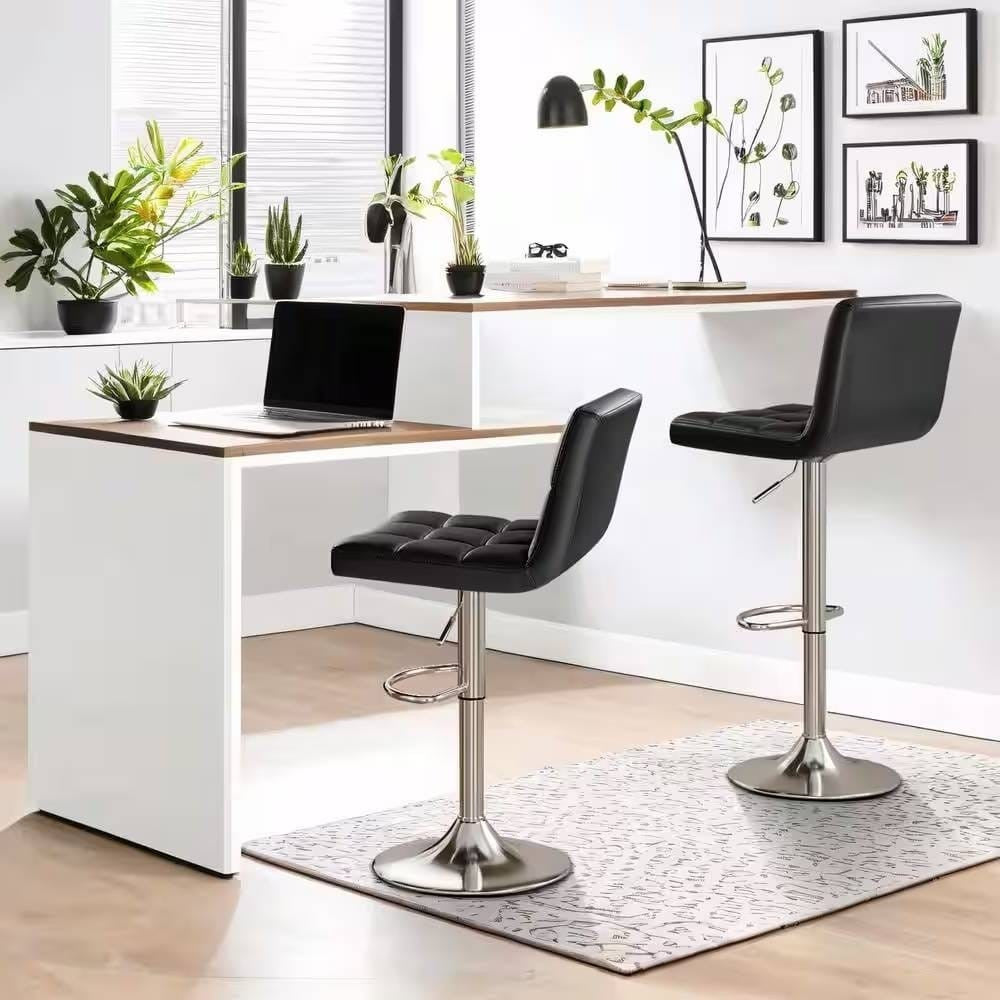 Set of 2- Black Faux Leather Barstool with Low Back Swivel Seat-0