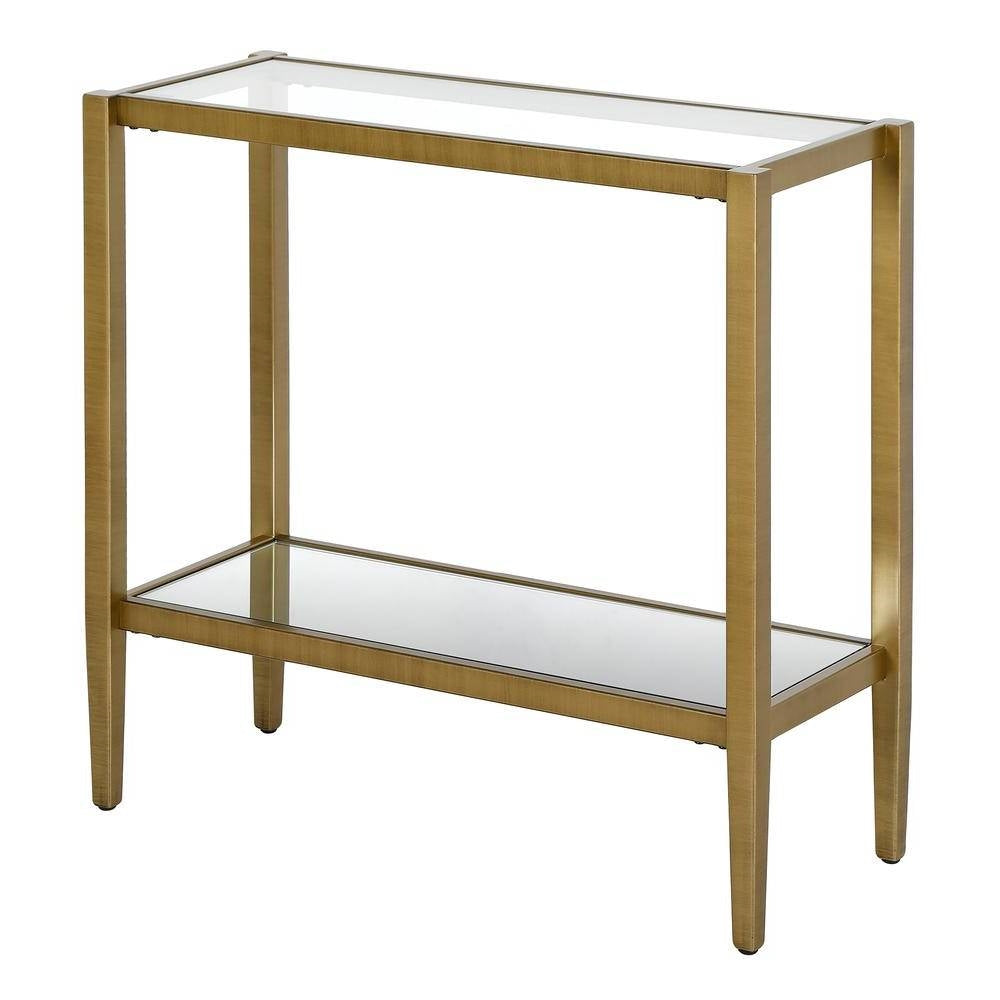 Rectangular Side Table Gold Antique Brass Metal Glass Top Bottom Shelf Sofa Table-0