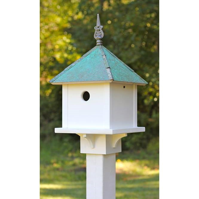 White PVC Square Bird House with Verdigris Copper Roof - Made in USA