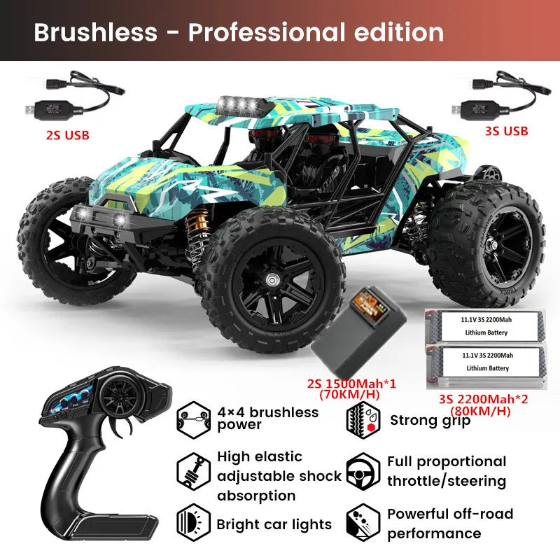 High-Speed 1:14 Brushless RC Off-Road Car with LED Lights & Waterproof Design