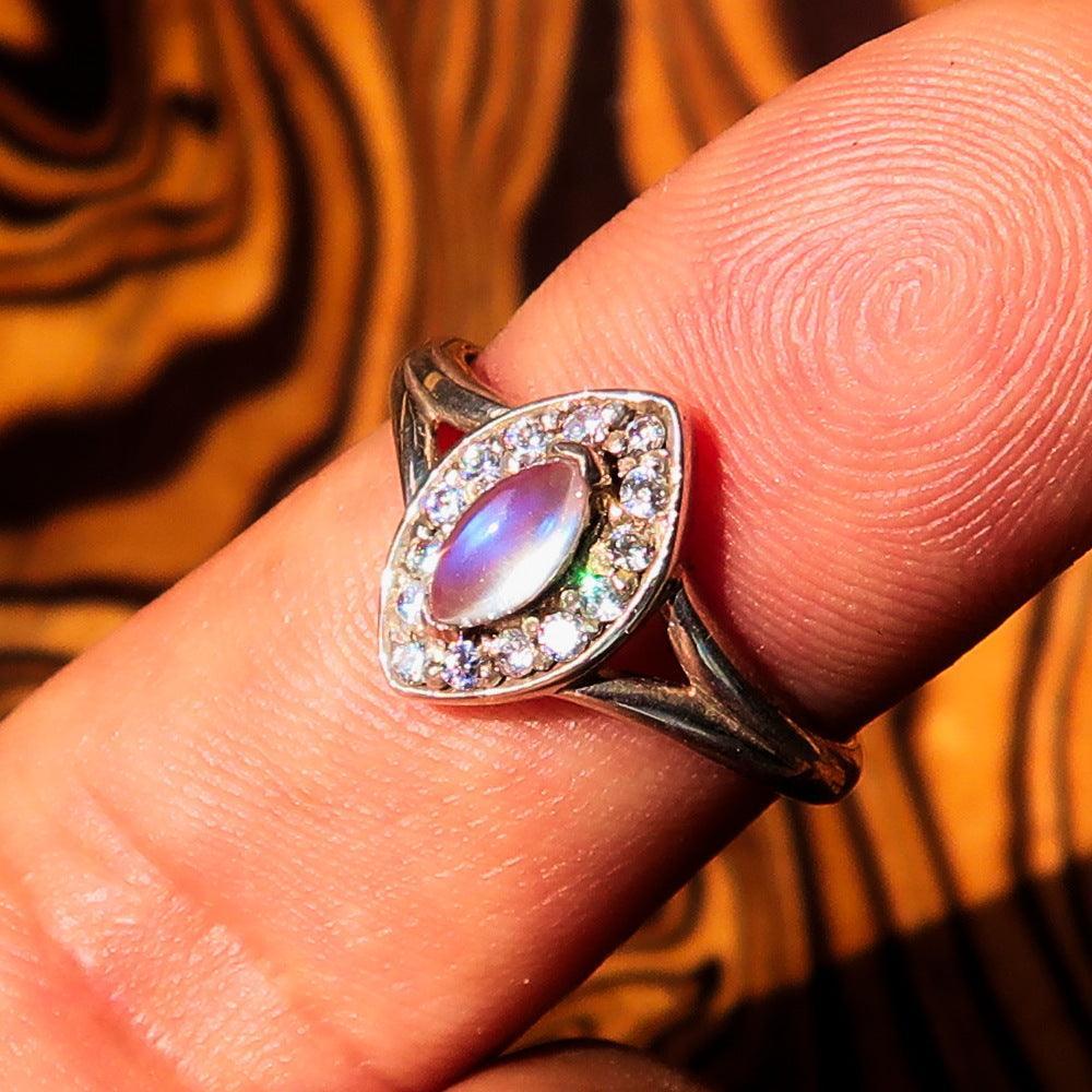 Sterling Silver Gemstone Solitaire Ring with marquise shaped Ceylon Moonstone and CZ-0
