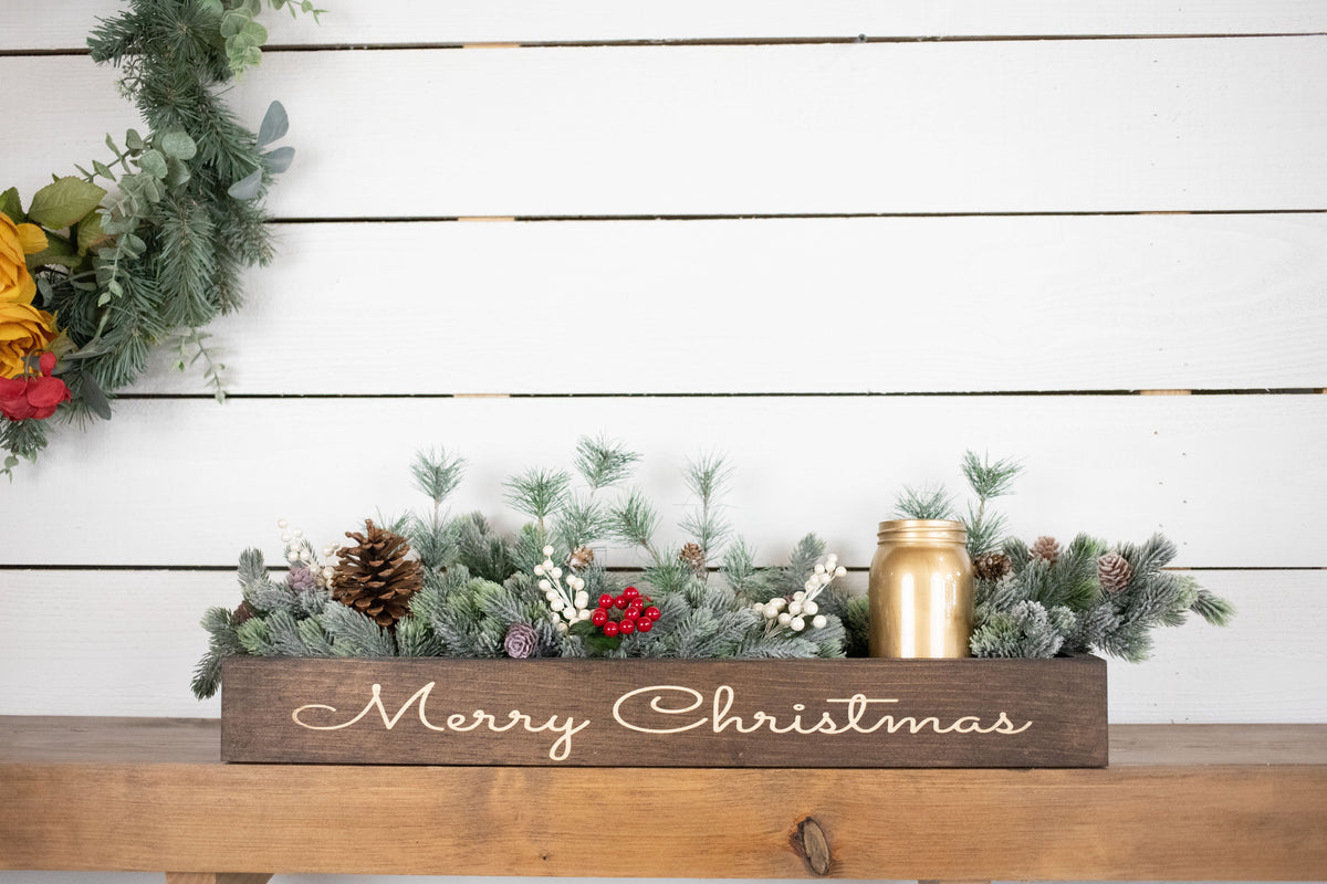 Merry Christmas Centerpiece, Engraved Wood Box with Christmas Greenery-0