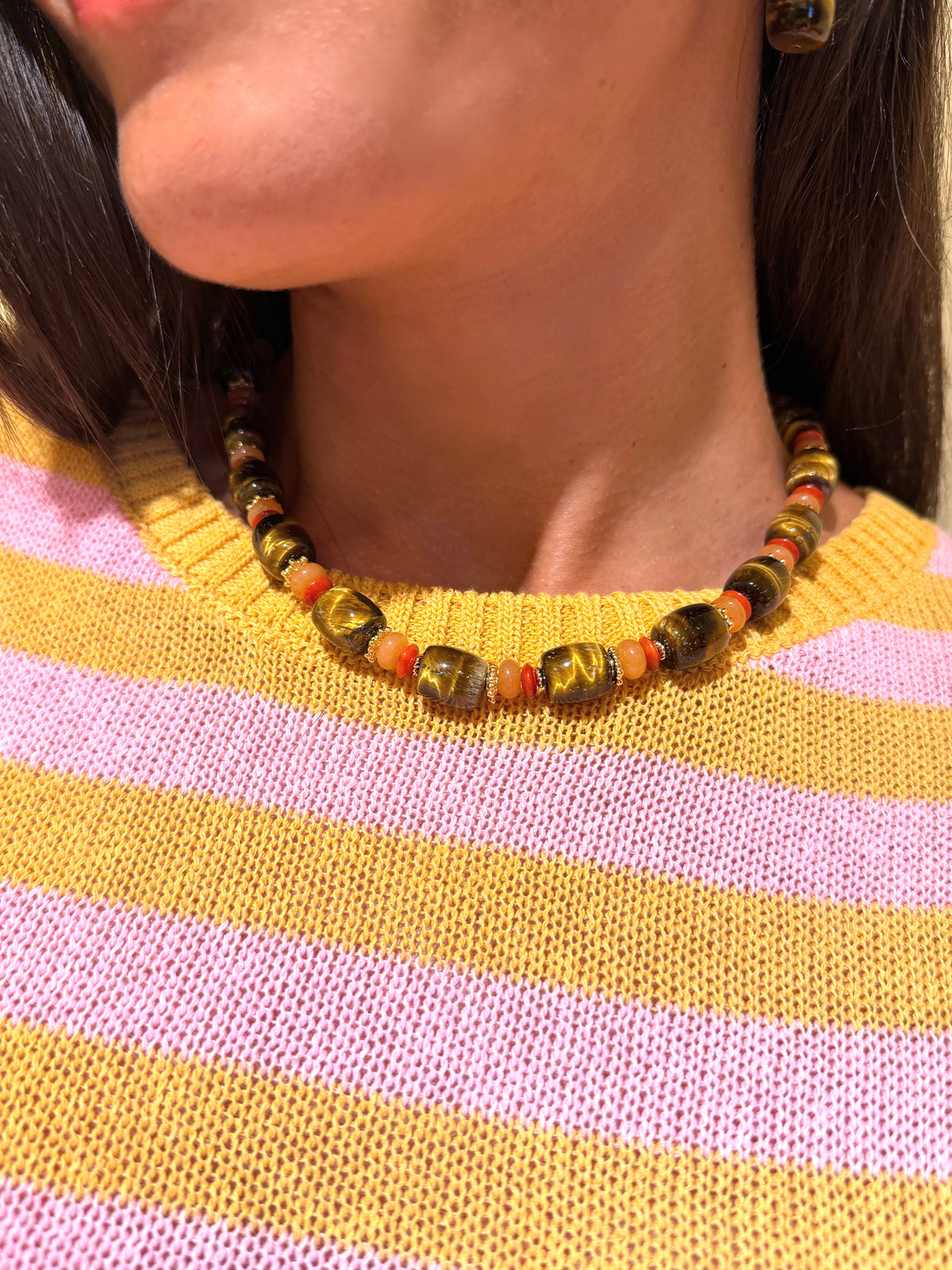 Nugget Tiger-eye Stone With Orange Gemstone Necklace SN007-0