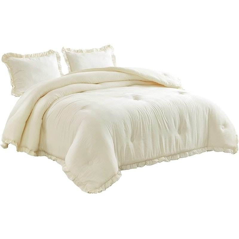 Oversized King Ivory Microfiber 3-Piece Comforter Set with Ruffled Edge Trim-0