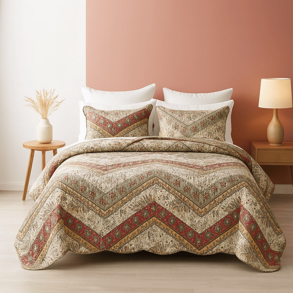 DaDa Bedding Cranberry Sage Floral Chevron Quilt Set - Lightweight Bedspread-0