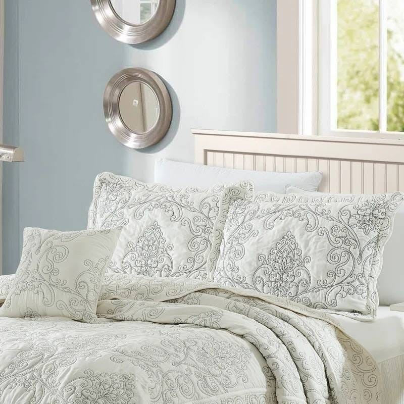 King size Antique White Damask Embroidered 4 Piece Oversized Bedspread Set-0