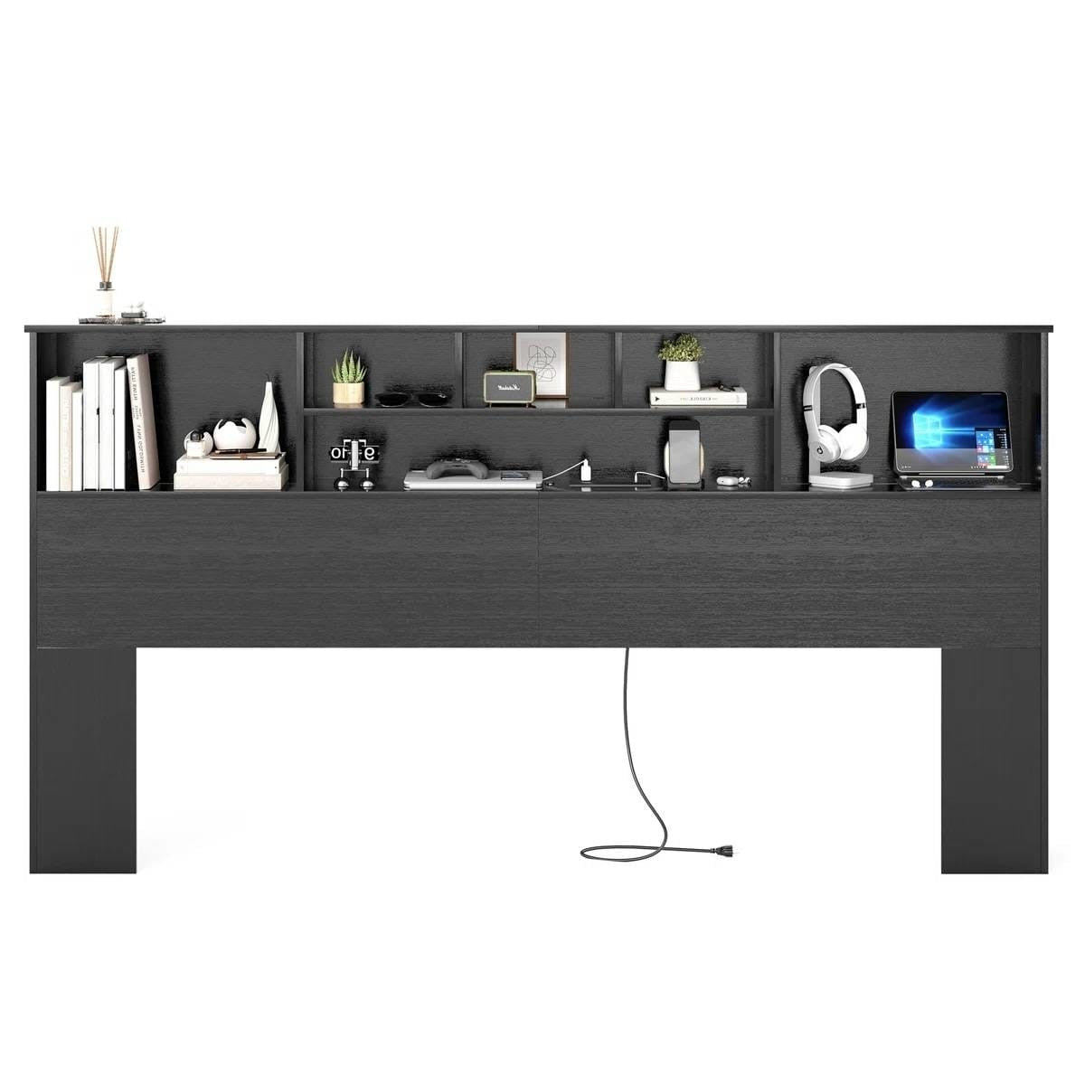 King size Bookcase Headboard in Black Wood Finish with LED Lights-0