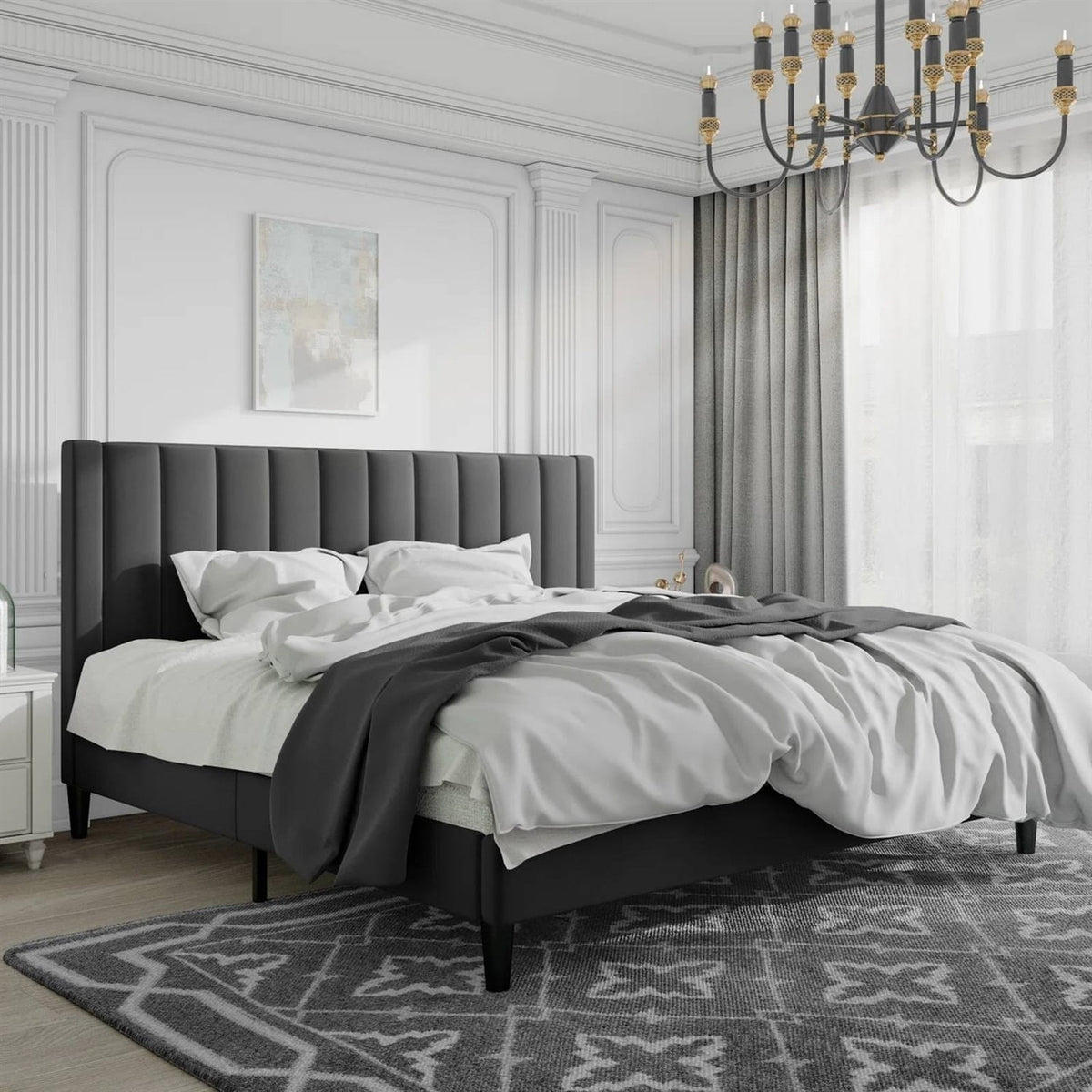 King size Black Velvet Upholstered Platform Bed Frame with Headboard-0
