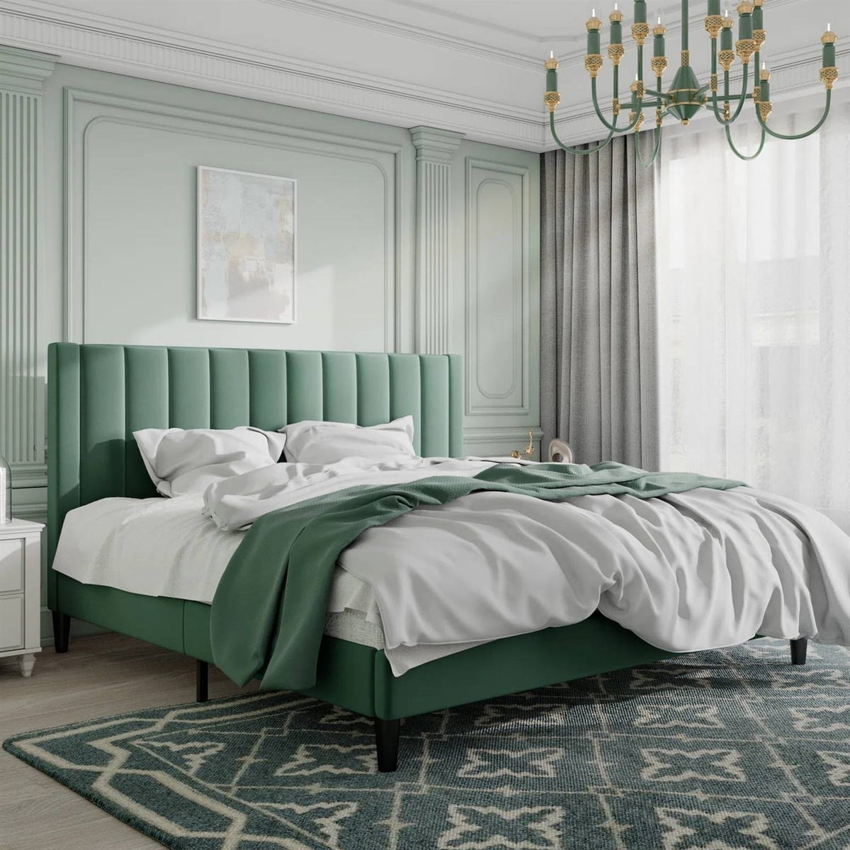 King size Green Velvet Upholstered Platform Bed Frame with Headboard-0