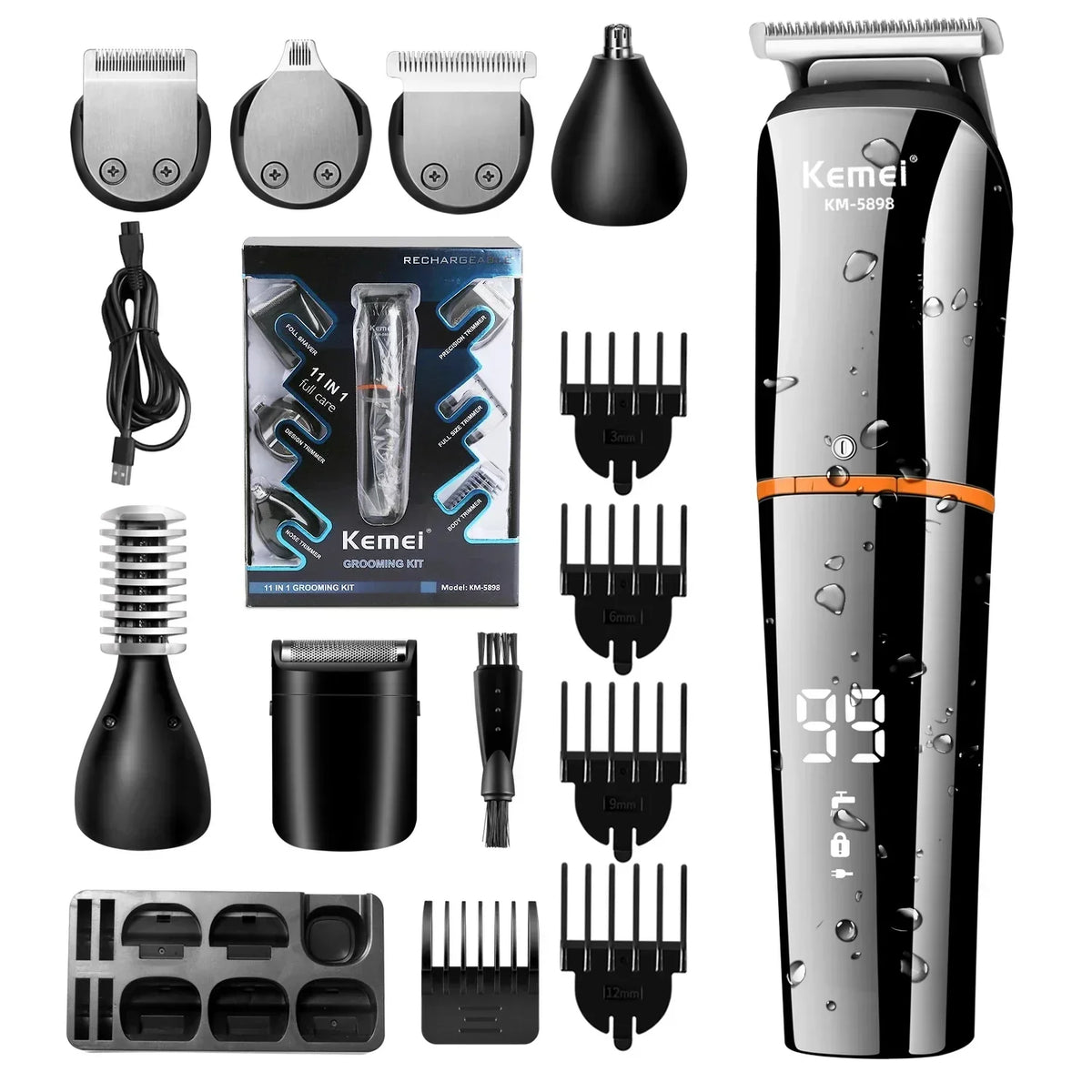 Waterproof 11-in-1 Men's Grooming Kit Cordless Rechargeable Trimmer Black-0